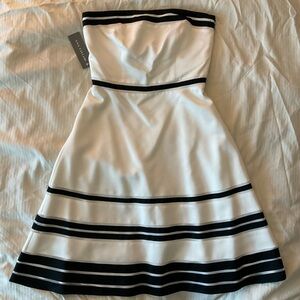 Ann Taylor Petites White Silk Strapless Dress with Black Trim